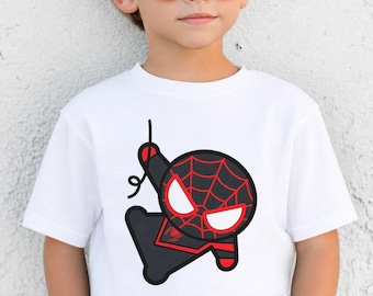 Miles Morales Spider Man Chibi Tee, Swinging Superhero Graphic Shirt, Spider Verse Apparel, Into the Spiderverse Kids Clothing