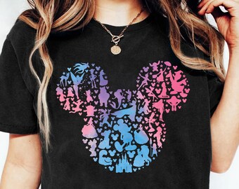 Disney Mickey Head Watercolor Silhouette Mosaic Graphic Tee, Elsa Ariel Stitch Pooh Castle Mickey And Friends Disney Princess Shirt