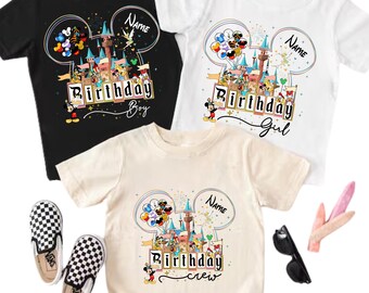 Custom Name Disney Castle Birthday Girl Boy Crew Squad Fireworks Balloon Graphic Design, Disney Birthday Family Matching Shirts