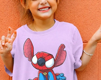 Spider-Stitch Graphic Tee, Lilo Stitch Spiderman Costume Shirt, Kid Superhero Fan Apparel, Superhero Alien Disney Marvel Fan Gift