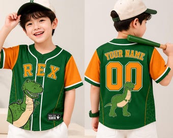 Custom Toy Story Rex Baseball Jersey, Personalized Kids Birthday Boy Shirt, Green Pinstripe Sportswear Top, Disney World Vacation Gear