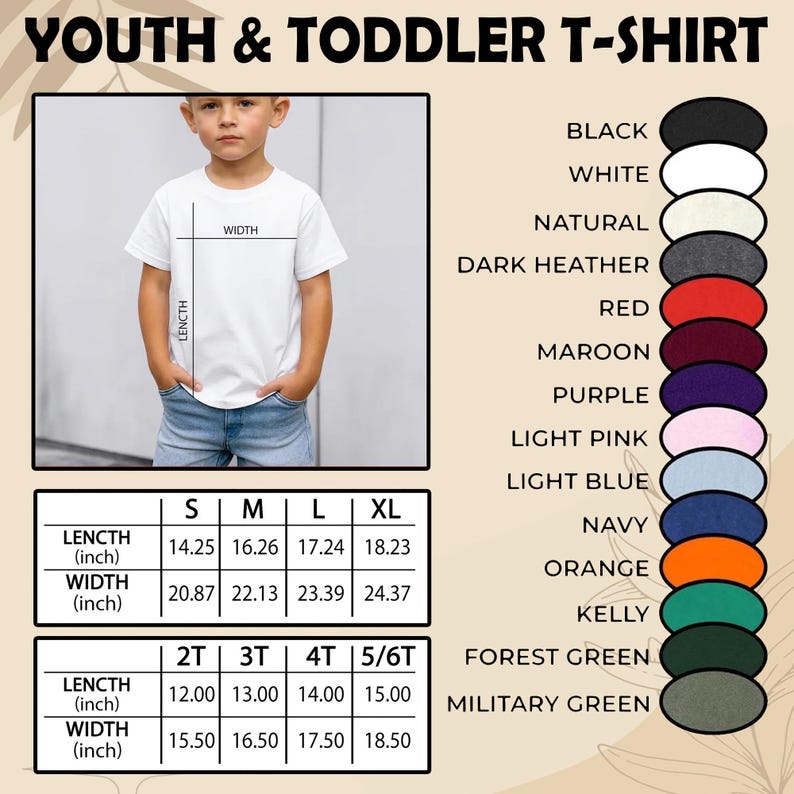 May include: A white youth and toddler t-shirt with size and color options. The image shows a child wearing the shirt, with measurements in inches for length and width. Color options include black, white, and navy.
