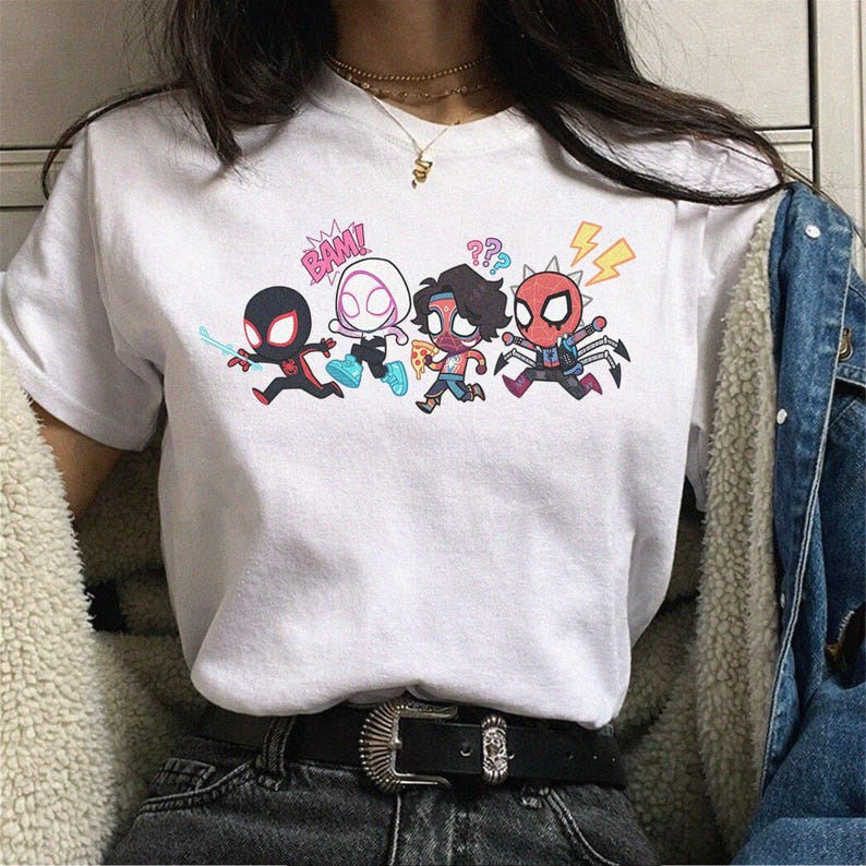 Spider Verse Kids Shirt, Cute Spiderman Chibi Tee, Running Superhero Character Lineup Top, Retro Comic Book Youth Clothes, Superhero Gift image 3