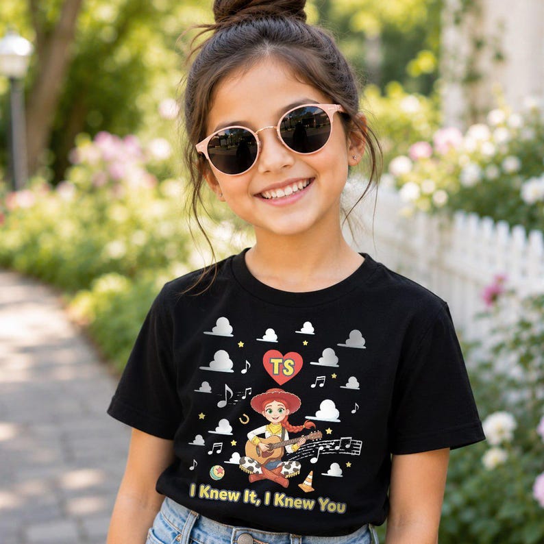 May include: A black short-sleeved t-shirt featuring a graphic of a cowgirl character playing an acoustic guitar. The design includes a red heart with the letters TS, musical notes, clouds, and the text I Knew It, I Knew You in yellow.