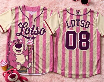 Custom Lotso Baseball Jersey, Strawberry Bear Shirt, Pink Striped Disney Jersey, Toy Story Theme Park Outfit, Custom Family Birthday Jersey