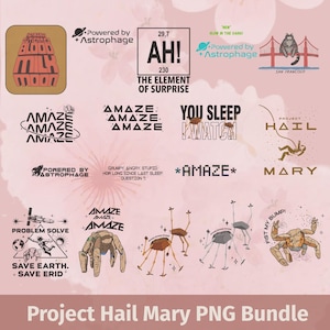 Puede incluir: Un conjunto de gráficos digitales con varios diseños y elementos de texto. Incluye frases como "AH! The Element of Surprise", "You Sleep I Watch" y "Project Hail Mary". Los diseños presentan arañas, un gato en un puente e ilustraciones espaciales.