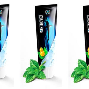 Può includere: Tre tubi del prodotto Rtrovex, ciascuno con sfondo nero e design blu e bianco. I tubi hanno una base bianca e sono accompagnati da foglie di menta fresca. Il nome del prodotto è stampato sul tubo.