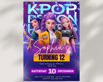 Invito di compleanno Kpop modificabile / Modello Canva / Invito anime K-pop / Biglietto stampabile per bambini / Invito Huntrix scaricabile digitalmente