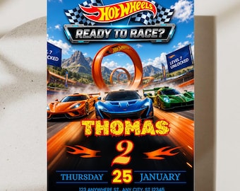 Invitación de cumpleaños de Hot Wheels con diseño de coche de carreras, plantilla editable de Canva, descarga digital de invitación de cumpleaños de Hot Wheels