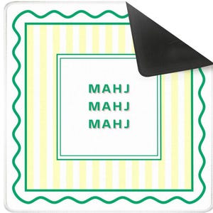 May include: A white rectangular mousepad with a green wavy border and a green and yellow striped interior. The center features the word "MAHJ" repeated three times in green.