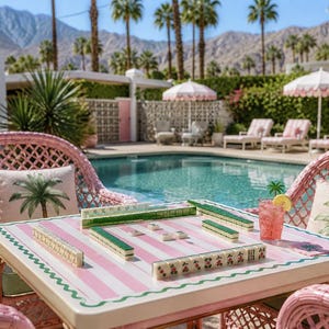 May include: A pink and white striped mahjong table is set up outdoors near a pool. The table is surrounded by pink wicker chairs and palm tree pillows. A refreshing pink drink with a lemon slice sits on the table, ready for a game.