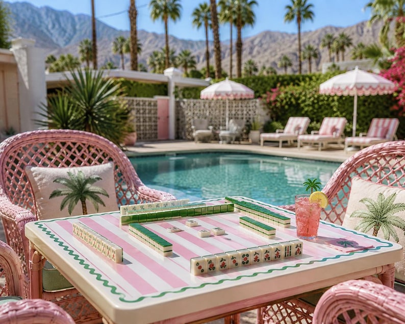 May include: A pink and white striped mahjong table is set up outdoors near a pool. The table is surrounded by pink wicker chairs and palm tree pillows. A refreshing pink drink with a lemon slice sits on the table, ready for a game.
