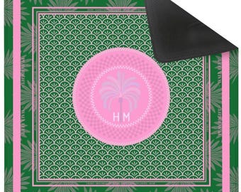 Pink & Green Palm Monogrammed Mahjong Mat |Custom Mahjong Mat | Mahjong Lovers Gift | Personalized Gifts for Her (33x33" -Ship Rolled up)