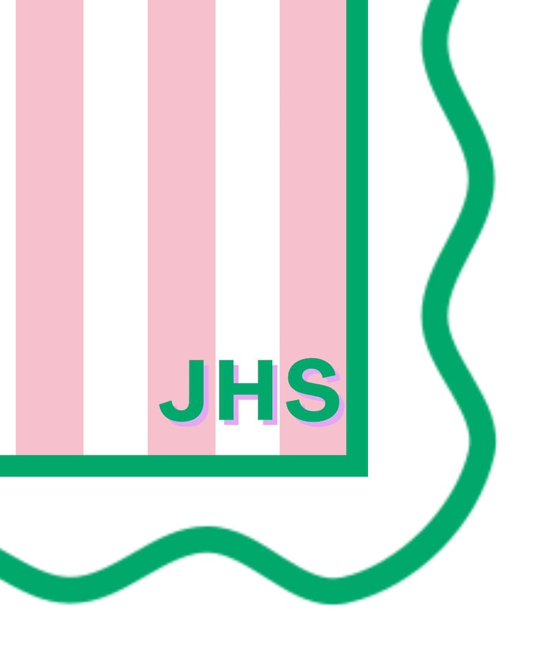 May include: A decorative design featuring pink and white vertical stripes. The design includes a green border with a scalloped edge and the initials "JHS" in green.