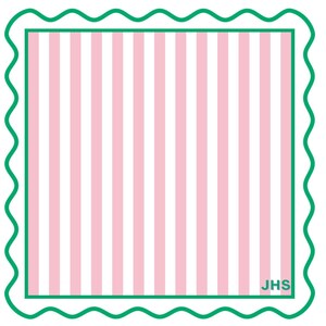 May include: A square, patterned design featuring vertical pink and white stripes within a green rectangular border. The border is framed by a wavy green edge. The initials "JHS" are in the lower right corner.
