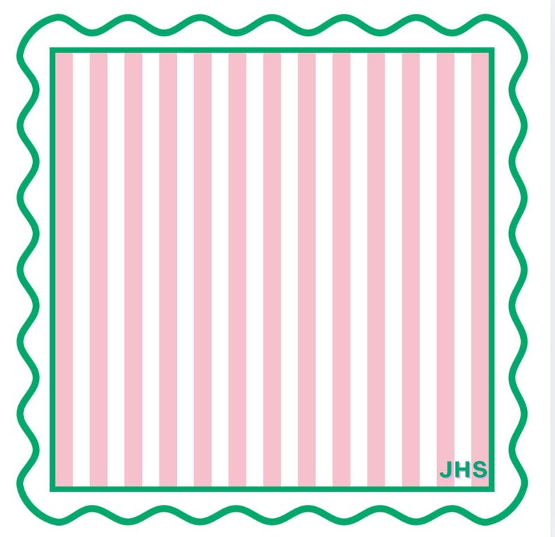 May include: A square, patterned design featuring vertical pink and white stripes within a green rectangular border. The border is framed by a wavy green edge. The initials "JHS" are in the lower right corner.