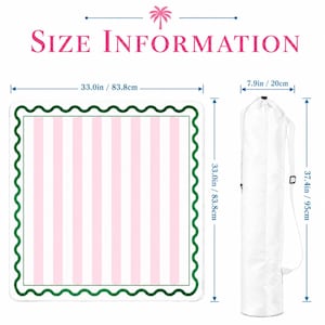 May include: A pink and white striped mat with a green scalloped border, measuring 33.0 inches (83.8 cm) square. Includes a white carrying bag, 37.4 inches (95 cm) long. The text "SIZE INFORMATION" is displayed above the mat.