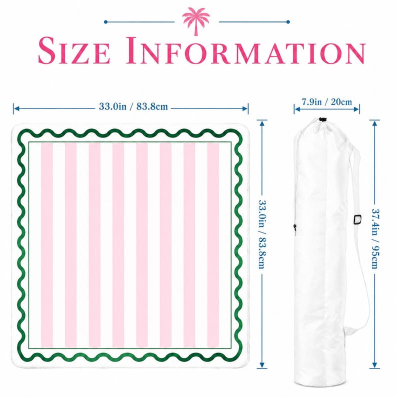 May include: A pink and white striped mat with a green scalloped border, measuring 33.0 inches (83.8 cm) square. Includes a white carrying bag, 37.4 inches (95 cm) long. The text "SIZE INFORMATION" is displayed above the mat.