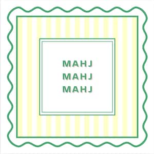 May include: Square graphic with a green wavy border and a white background. Inside, a square frame contains vertical yellow and white stripes. The center square has the word "MAHJ" repeated three times in green.