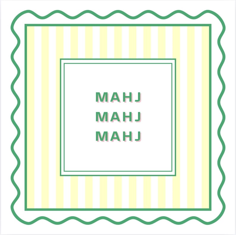 May include: Square graphic with a green wavy border and a white background. Inside, a square frame contains vertical yellow and white stripes. The center square has the word "MAHJ" repeated three times in green.