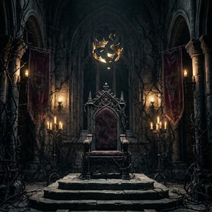 May include: A gothic throne room with a regal throne, adorned with intricate carvings and a deep red velvet seat. The room is dimly lit by candles and a golden crown, creating a dramatic and mysterious atmosphere. Dark vines and banners add to the medieval theme.