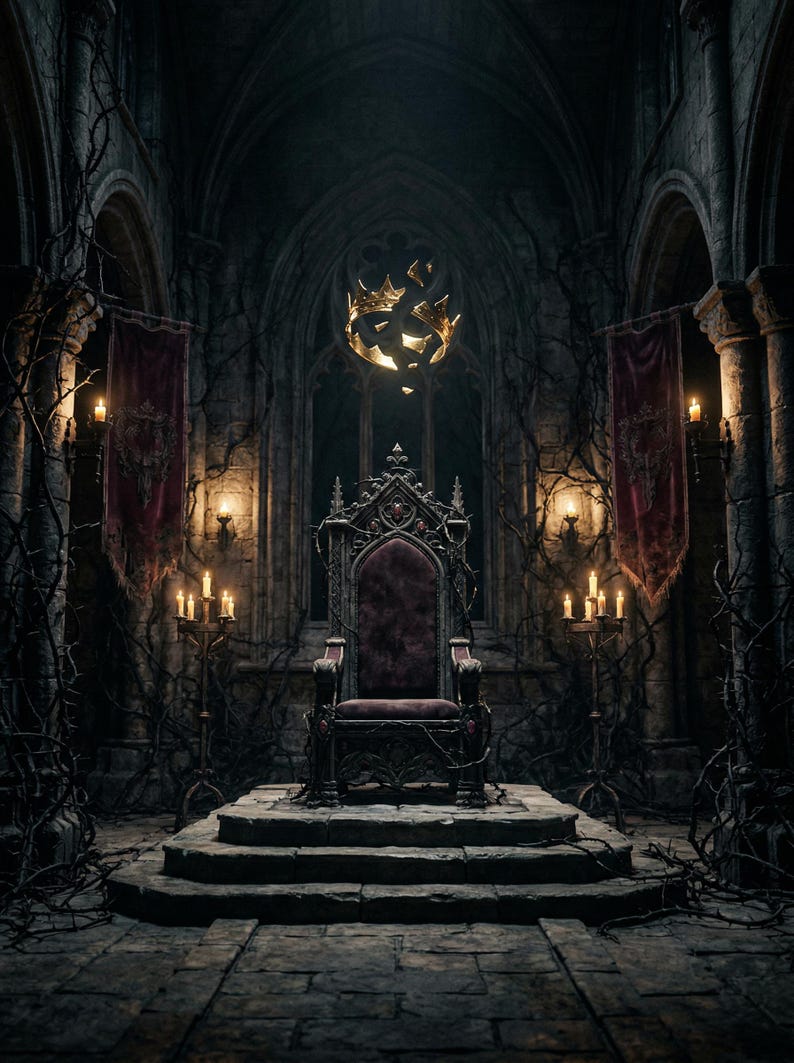 May include: A gothic throne room with a regal throne, adorned with intricate carvings and a deep red velvet seat. The room is dimly lit by candles and a golden crown, creating a dramatic and mysterious atmosphere. Dark vines and banners add to the medieval theme.