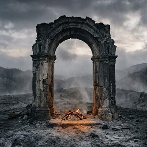 May include: A dramatic image of a weathered stone archway with a burning fire at its base. The arch is set against a backdrop of a desolate landscape and a cloudy sky, creating a sense of mystery and desolation.