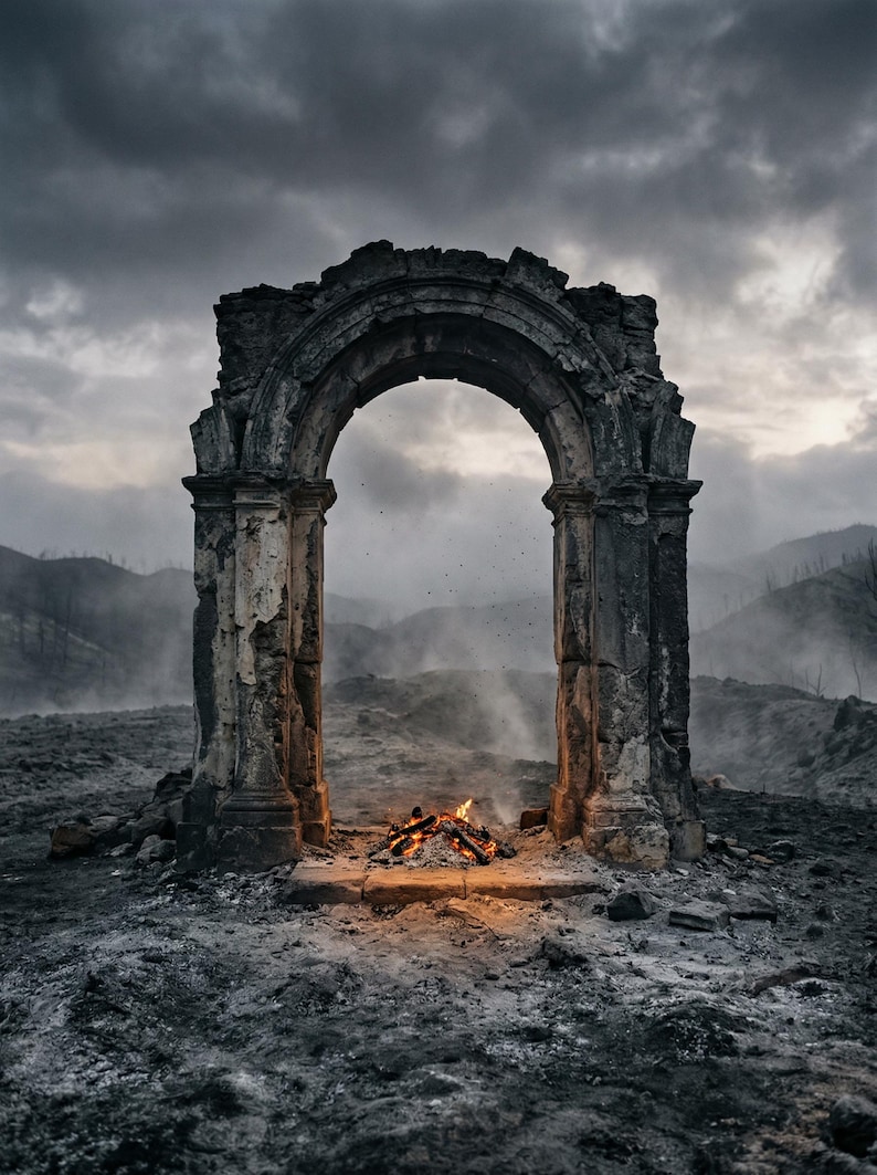 May include: A dramatic image of a weathered stone archway with a burning fire at its base. The arch is set against a backdrop of a desolate landscape and a cloudy sky, creating a sense of mystery and desolation.