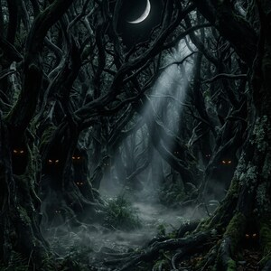May include: A dark, atmospheric forest scene with gnarled trees and a crescent moon in the sky. Glowing orange eyes peer from the shadows, creating a spooky, mysterious ambiance. The scene is shrouded in mist.