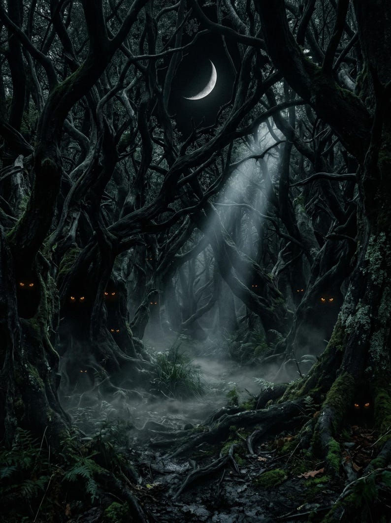 May include: A dark, atmospheric forest scene with gnarled trees and a crescent moon in the sky. Glowing orange eyes peer from the shadows, creating a spooky, mysterious ambiance. The scene is shrouded in mist.