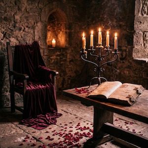 May include: A dimly lit room with a wooden table, chair, and stone walls. A candelabra with lit candles sits on the table next to an open book. Red rose petals are scattered on the table and floor. A dark red velvet cloth drapes over the chair.