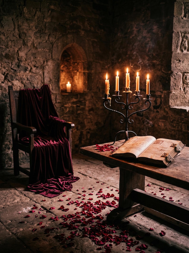 May include: A dimly lit room with a wooden table, chair, and stone walls. A candelabra with lit candles sits on the table next to an open book. Red rose petals are scattered on the table and floor. A dark red velvet cloth drapes over the chair.