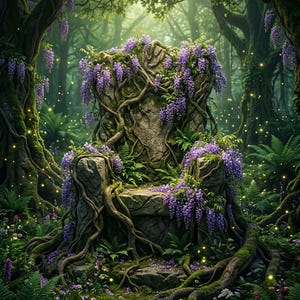 May include: A stone throne in a lush forest setting, adorned with purple wisteria and intertwined with tree roots. The scene is illuminated by soft light, creating a magical and enchanting atmosphere. Ferns and other greenery surround the throne.