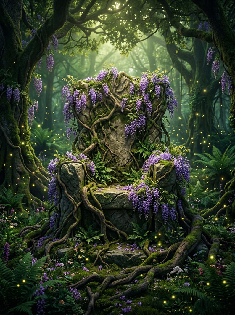 May include: A stone throne in a lush forest setting, adorned with purple wisteria and intertwined with tree roots. The scene is illuminated by soft light, creating a magical and enchanting atmosphere. Ferns and other greenery surround the throne.