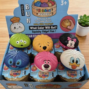 May include: A box of colorful squishy toys shaped like dumplings, each featuring a different cartoon character. The box has text that says "Squishy Fidget Fun!" and "Mystery". The toys are in various colors, including green, yellow, blue, pink, black, and white.