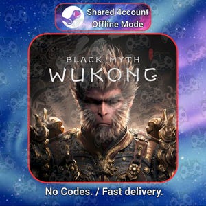 Puede incluir: Imagen promocional del videojuego "Black Myth: Wukong". La imagen presenta una ilustración detallada de un personaje con rostro de mono y armadura ornamentada. El texto incluye "Shared Account Offline Mode" y "No Codes. / Fast delivery."