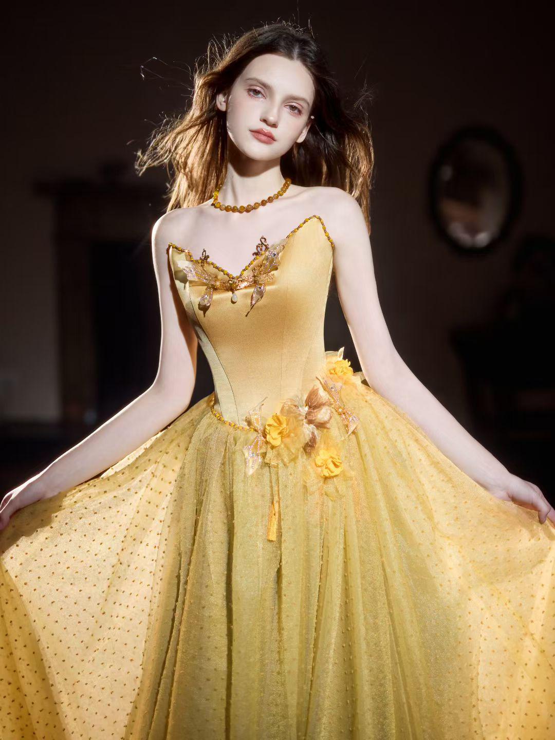 yellow corset dress belle Yellow Princess Belle Boned Corset Top and Short Version Tulle Skirt Prom Full Set