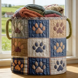 May include: A round, quilted storage basket with a patchwork design featuring paw prints. The basket is filled with folded blankets and towels. The exterior has a variety of colors including blue, tan, and brown. The handles are a light green.