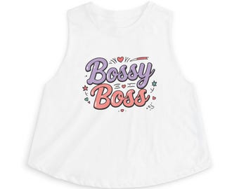 Bossy Boss Crop Top | Retro Script graphic, pastel hearts & stars