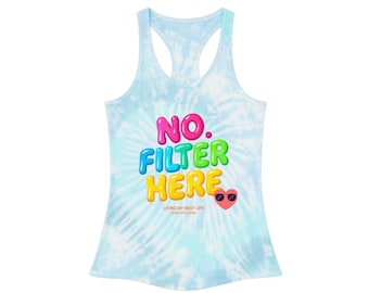 No Filter Here Tie Dye Racerback Tank Top | Blue Spiral, Playful Text