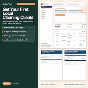 May include: A digital marketing kit for cleaning businesses. The kit includes a 30-day plan, lead tracker, print-ready flyer, door hanger, and scripts. The kit also includes a marketing dashboard and screenshots of the product.