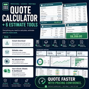 Op de afbeelding: Een digitale offertecalculator met 6 schattingshulpmiddelen. De interface toont financiële gegevens, waaronder arbeid, materialen en projectoverzichten. Het ontwerp is donkerblauw met witte tekst en pictogrammen.