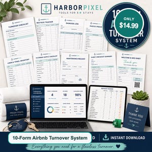 May include: A collection of printable Airbnb turnover forms, including checklists, trackers, and a welcome sheet. The forms are displayed with a laptop, tablet, keys, and towels. The text on the forms includes "Turnover Checklist" and "Restock Tracker".