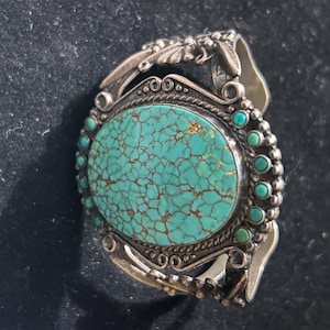 Enorm vintage Navajo spindelnätsmanschett i turkos | Armband i sterlingsilver från Fred Harvey-eran | Mästerliga handstämplade hantverkssmycken