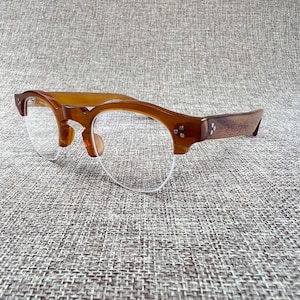 Handmade Natural Horn Rimless Eyeglasses: Vintage Rivet Design, Prescription Ready