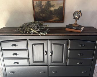 Black Two Tone Credenza Dresser Moody Style Sideboard with Stained Wood Top 8 Drawers