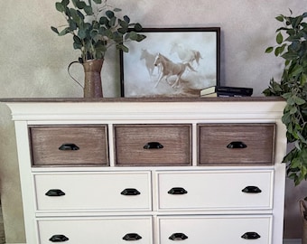 Modern Western 7-Drawer Dresser - Moody Charcoal & Oak Finish with Cowhide Print Accents - Hand Restored Custom Furniture