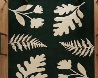 Hand-Tufted Forest Green Botanical Wool Rug With Large Cream Leaf Patterns For Living Room