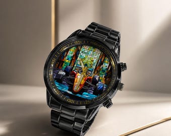 Stained Glass Formula One Car Watch  Black Leather Band