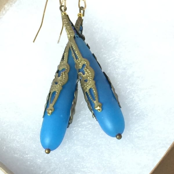 Blue Earrings/Blue Sea Glass earrings/Bohemian Filigree/Long Blue Earrings/Victorian Vibe/Free Gift Wrapping